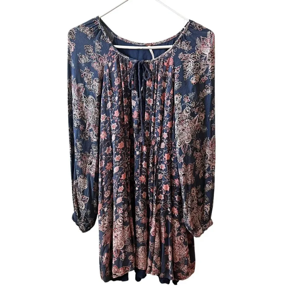 Free People Floral Long Sleeve Mini Dress‎ Womens Sz. Medium Blue Bohemian FLAW